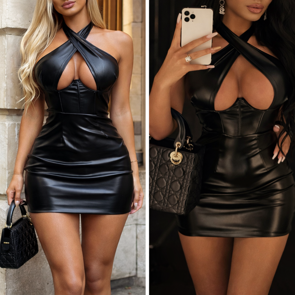 Raven Luxe Leather Cross-Neck Bodycon Mini Dress One-piece Secondary image