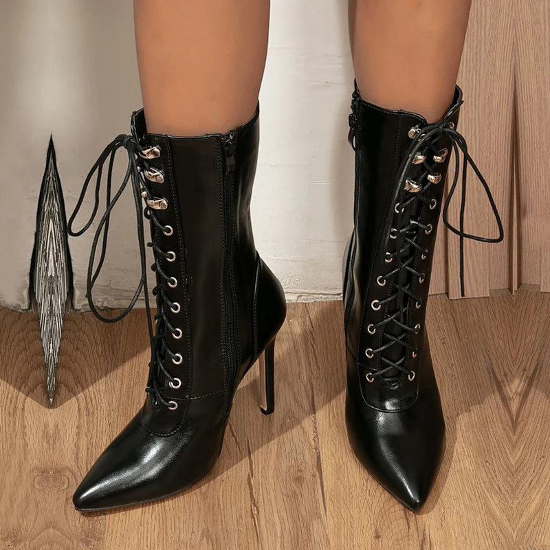 Carlotta Lace-Up Pointed-Toe Stiletto Ankle Boots