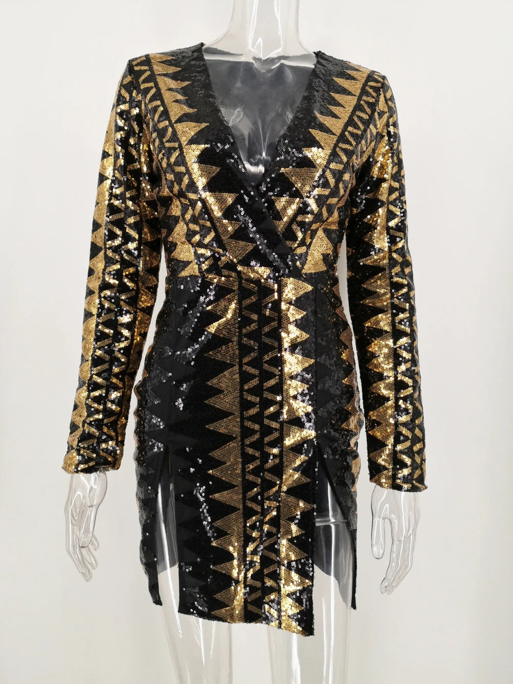 Liliana Black-Gold Sequin Long-Sleeve Mini Dress