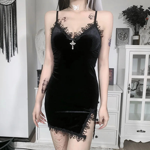Genevieve Black Cross Cutout Slit Mini Dress