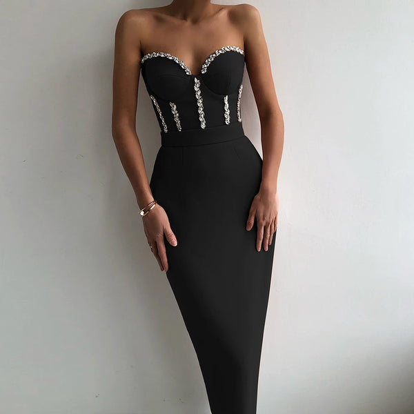 Bianca Strapless Beaded Bandage Midi Dress