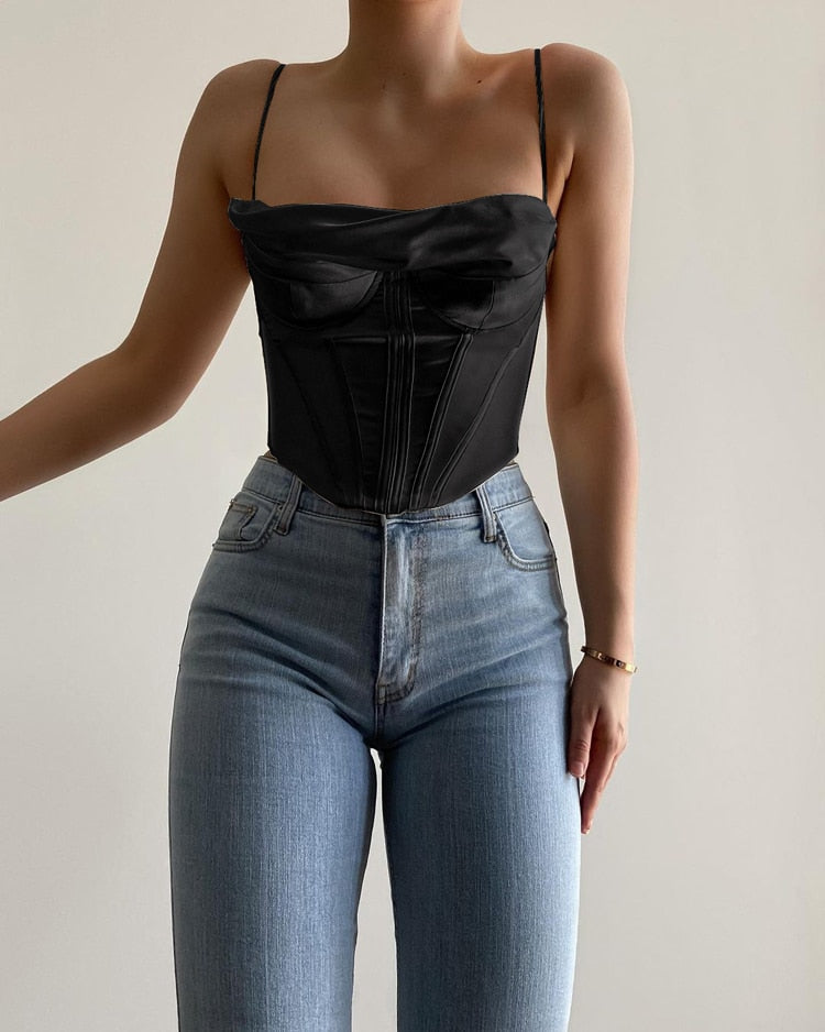 NewAsia Satin Corset Top Spaghetti Strap Lining Cowl Neck Boning Padded 2Layer Backless Zipper Bustier Sexy Crop Tops Women 2021