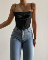 NewAsia Satin Corset Top Spaghetti Strap Lining Cowl Neck Boning Padded 2Layer Backless Zipper Bustier Sexy Crop Tops Women 2021