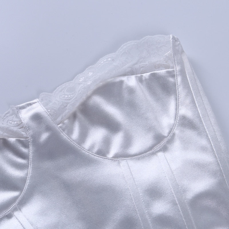 Viifaa Lace Trim White Satin Strapless Sexy Corset Crop Top Women Zipper Back Tight Bustier Clubwear Party Female Slim Tops