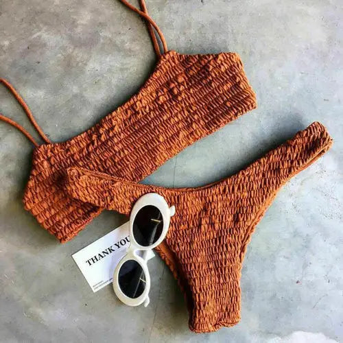 Bella Sunset Smocked Bikini Set Pleated triangle
