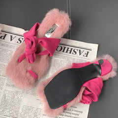 Fashion Women Furry Sandals Autumn Winter Ankle Strap Short Plush Slides Female Casual Outside Fur Shoes Ladies Thin Heels Pumps