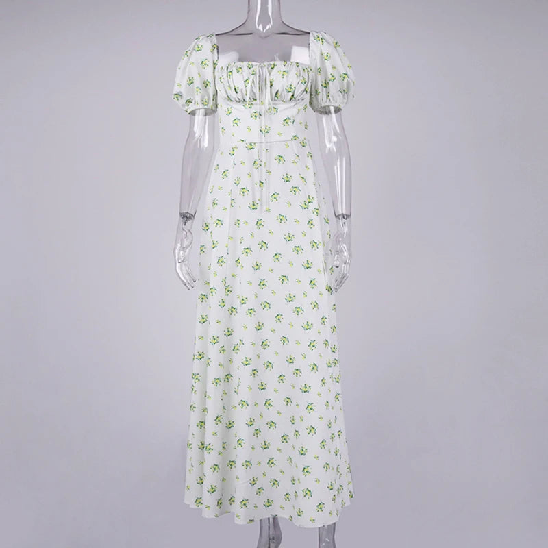 Annabeth Floral Square-Neck Puff-Sleeve Side-Split Maxi Dress