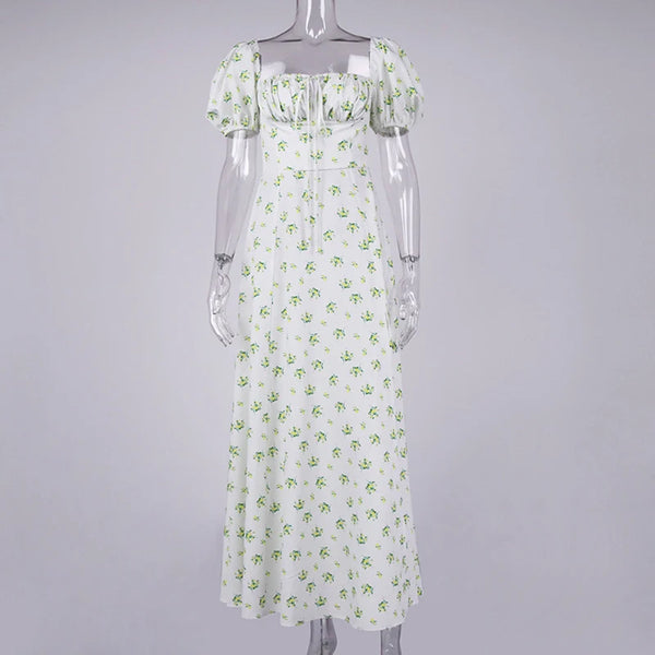 Annabeth Floral Square-Neck Puff-Sleeve Side-Split Maxi Dress