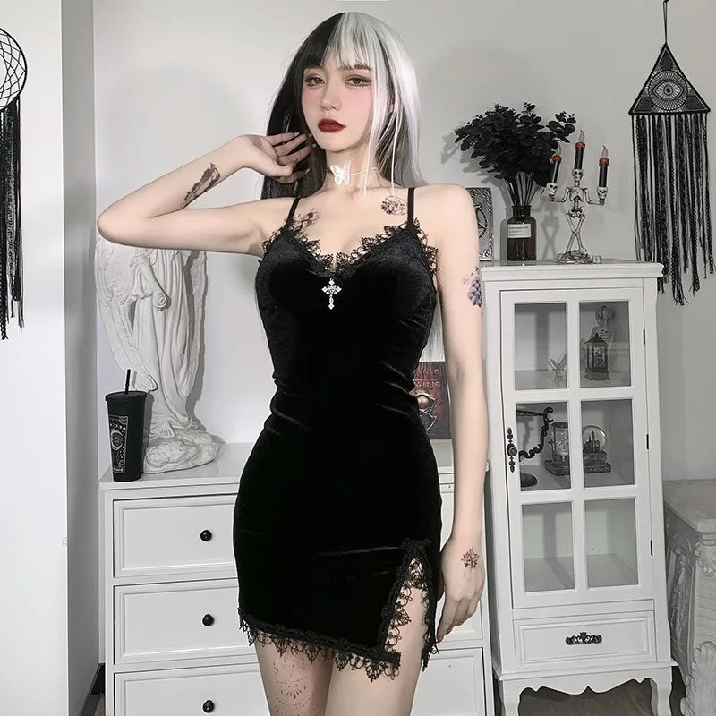 Genevieve Black Cross Cutout Slit Mini Dress