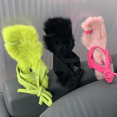Fashion Women Furry Sandals Autumn Winter Ankle Strap Short Plush Slides Female Casual Outside Fur Shoes Ladies Thin Heels Pumps