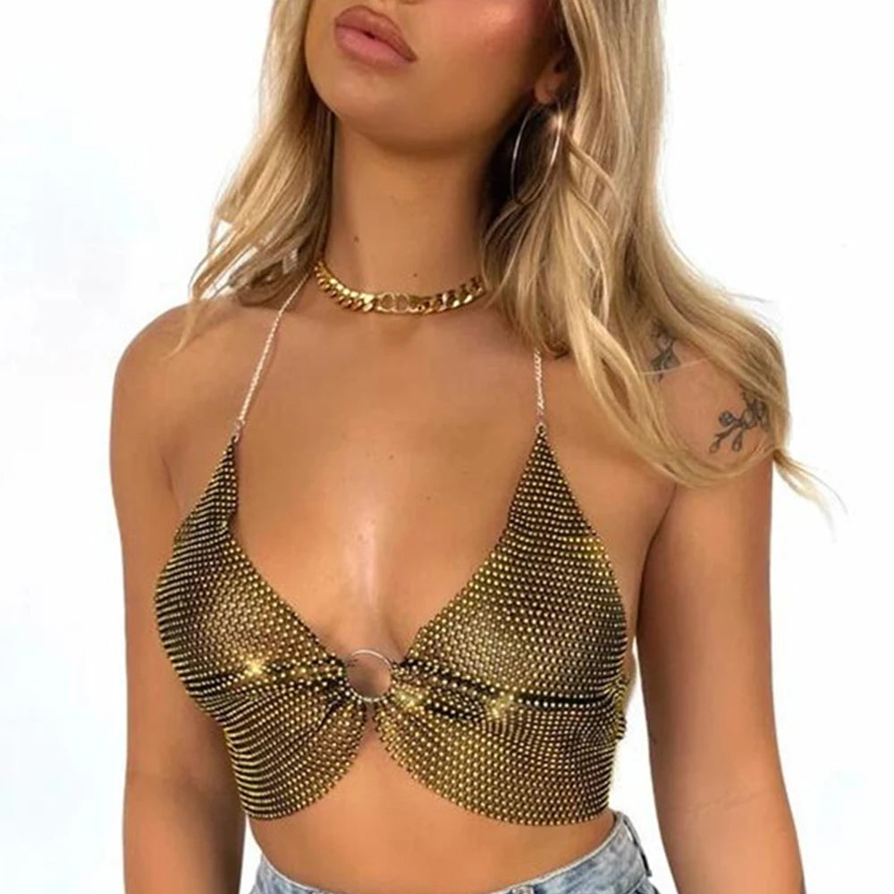 Sexy black White Summer crop top women festival Beach club outfits Party tank top t shirt woman Halter Rhinestones tops topy Hot