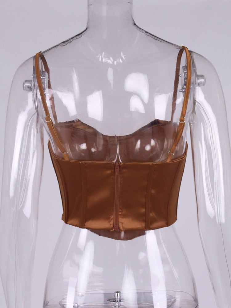 NewAsia Satin Corset Top Spaghetti Strap Lining Cowl Neck Boning Padded 2Layer Backless Zipper Bustier Sexy Crop Tops Women 2021