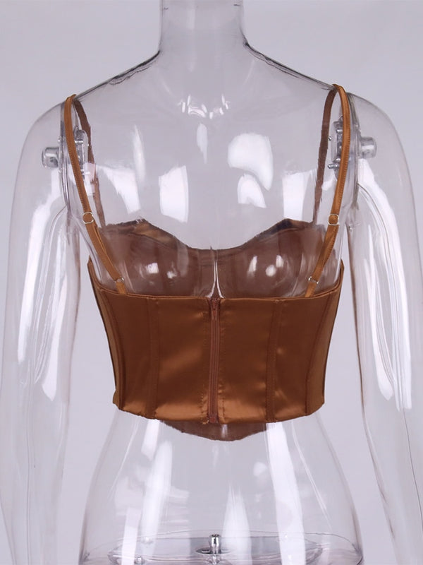 NewAsia Satin Corset Top Spaghetti Strap Lining Cowl Neck Boning Padded 2Layer Backless Zipper Bustier Sexy Crop Tops Women 2021