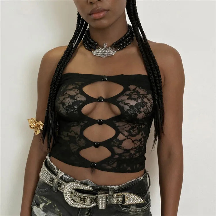 Bella Noir Lace Cutout Tube Top One-piece