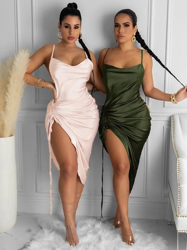Calista Satin Cowl-Neck Ruched Midi Dress