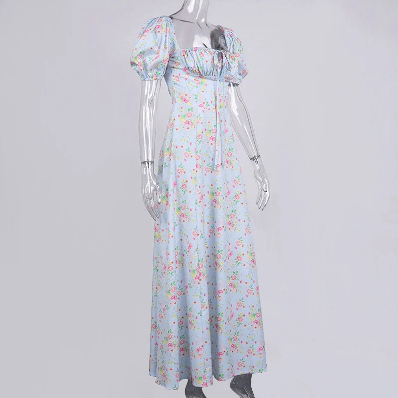 Annabeth Floral Square-Neck Puff-Sleeve Side-Split Maxi Dress