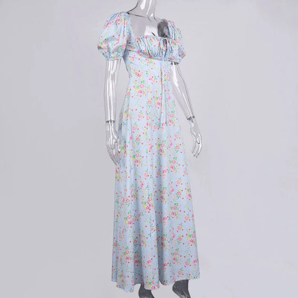 Annabeth Floral Square-Neck Puff-Sleeve Side-Split Maxi Dress