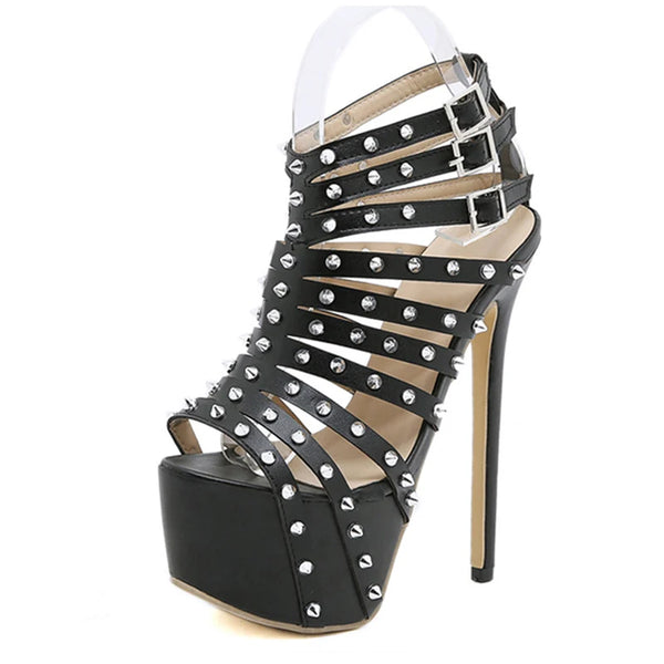 Raven Rivet Peep-Toe Platform Pole Dance Sandals