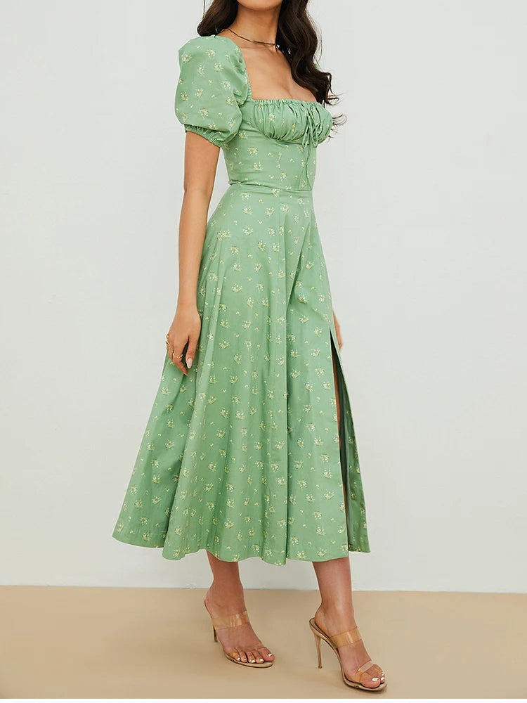 Annabeth Floral Square-Neck Puff-Sleeve Side-Split Maxi Dress