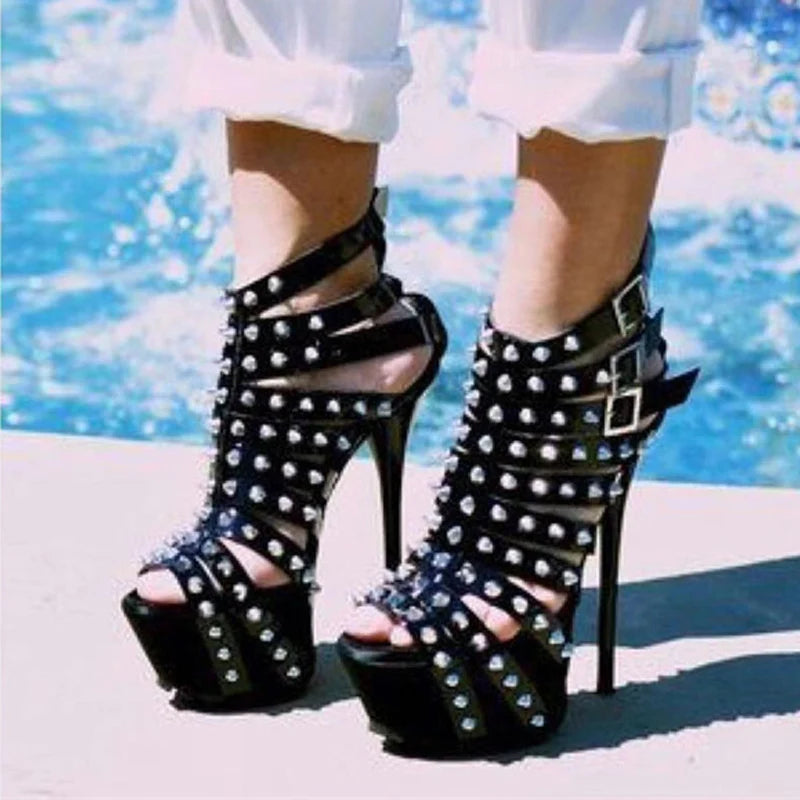 Raven Rivet Peep-Toe Platform Pole Dance Sandals
