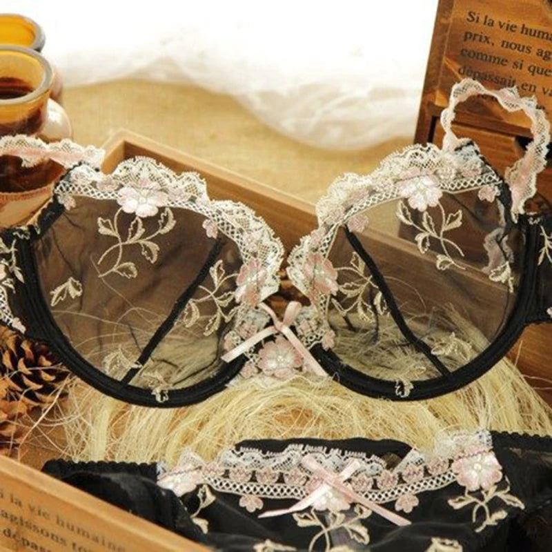 Rosalba Lotus Embroidered Sheer Lace Underwire Bra & Brief Lingerie Set