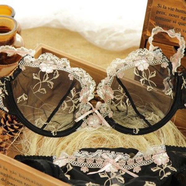 Rosalba Lotus Embroidered Sheer Lace Underwire Bra & Brief Lingerie Set