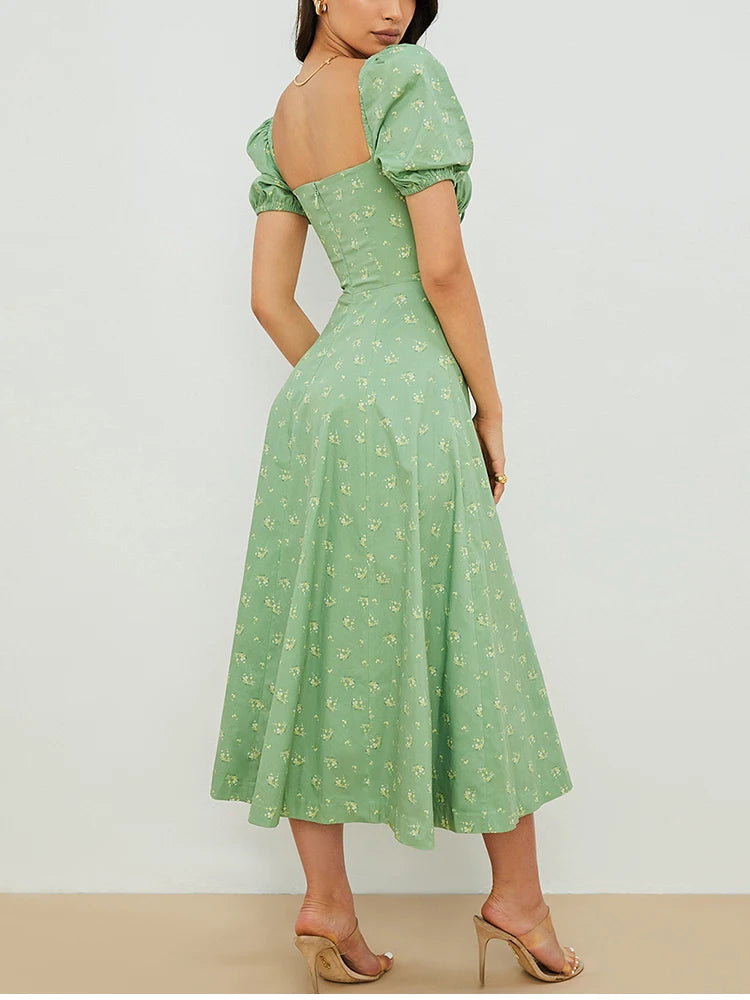 Annabeth Floral Square-Neck Puff-Sleeve Side-Split Maxi Dress
