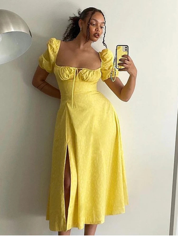 Annabeth Floral Square-Neck Puff-Sleeve Side-Split Maxi Dress
