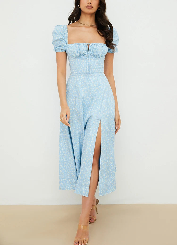 Annabeth Floral Square-Neck Puff-Sleeve Side-Split Maxi Dress