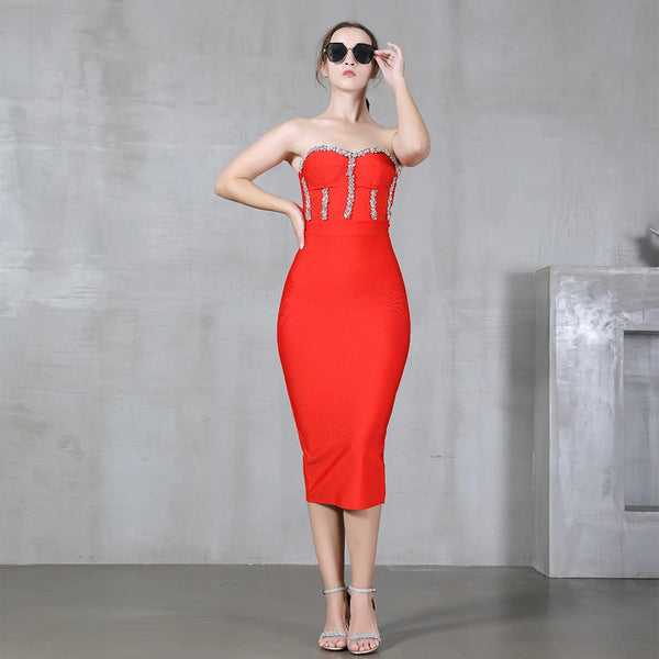 Bianca Strapless Beaded Bandage Midi Dress