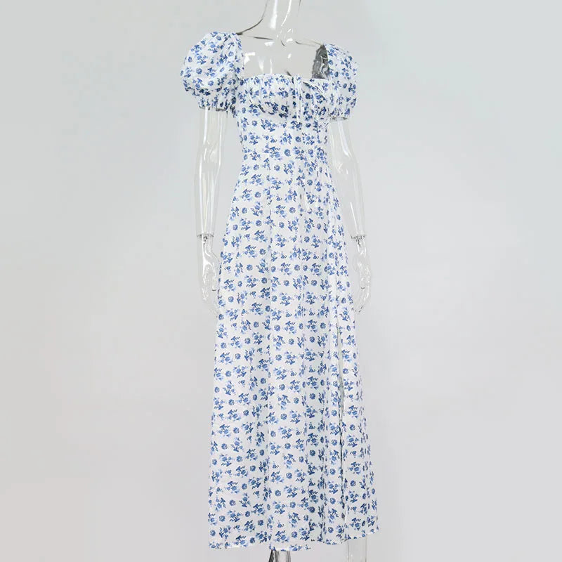 Annabeth Floral Square-Neck Puff-Sleeve Side-Split Maxi Dress