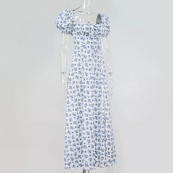Annabeth Floral Square-Neck Puff-Sleeve Side-Split Maxi Dress