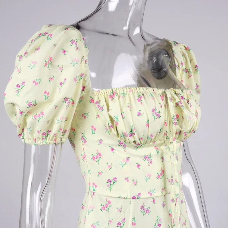 Annabeth Floral Square-Neck Puff-Sleeve Side-Split Maxi Dress