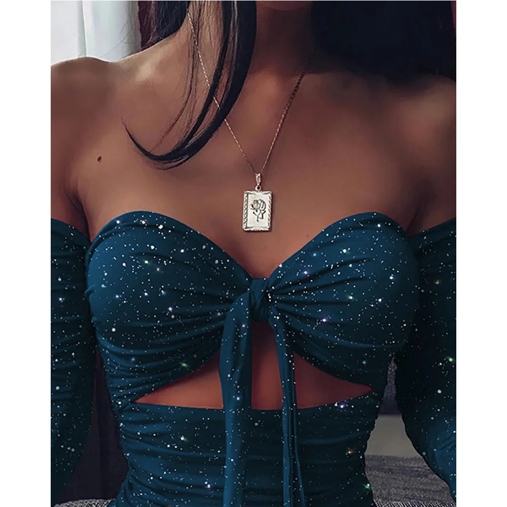 Dorotea Glitter Off-Shoulder Long-Sleeve Tie-Front Cutout Mini Dress