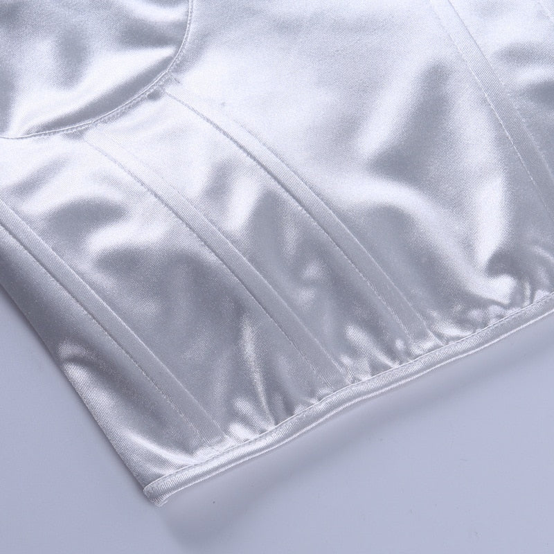 Viifaa Lace Trim White Satin Strapless Sexy Corset Crop Top Women Zipper Back Tight Bustier Clubwear Party Female Slim Tops