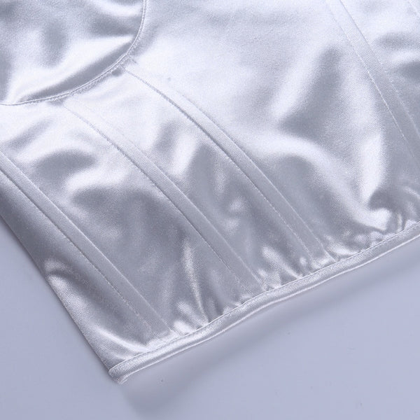 Viifaa Lace Trim White Satin Strapless Sexy Corset Crop Top Women Zipper Back Tight Bustier Clubwear Party Female Slim Tops