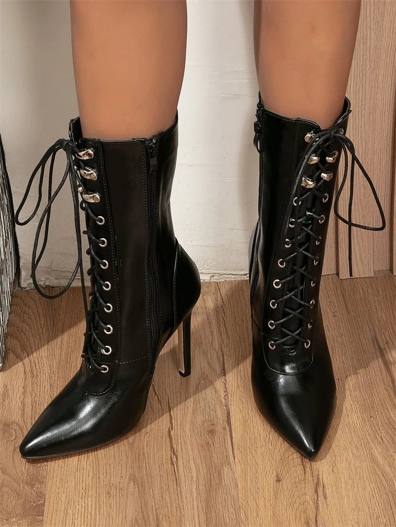 Carlotta Lace-Up Pointed-Toe Stiletto Ankle Boots