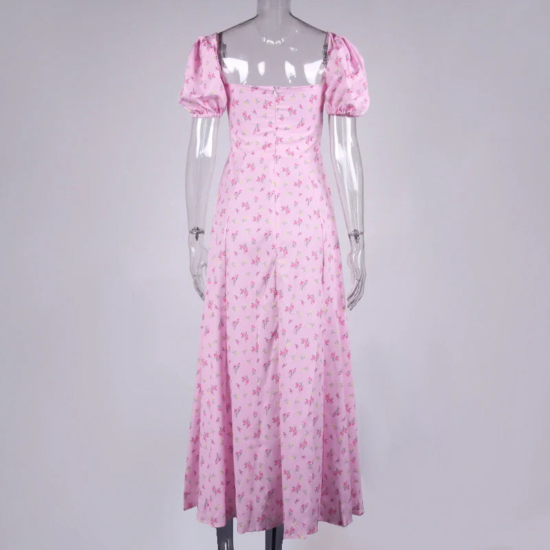 Annabeth Floral Square-Neck Puff-Sleeve Side-Split Maxi Dress