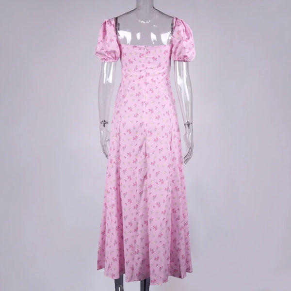 Annabeth Floral Square-Neck Puff-Sleeve Side-Split Maxi Dress
