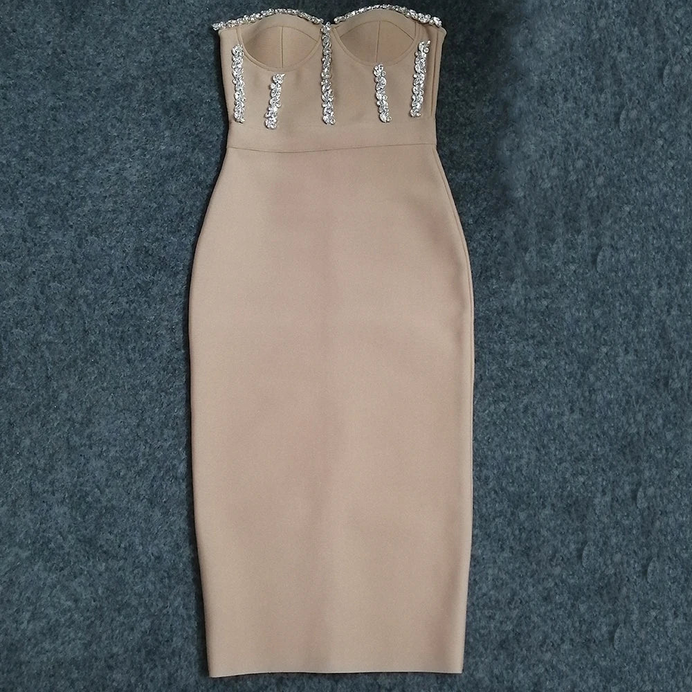 Bianca Strapless Beaded Bandage Midi Dress