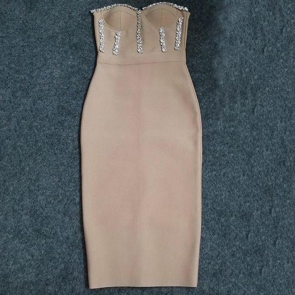 Bianca Strapless Beaded Bandage Midi Dress