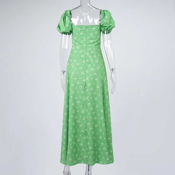 Annabeth Floral Square-Neck Puff-Sleeve Side-Split Maxi Dress