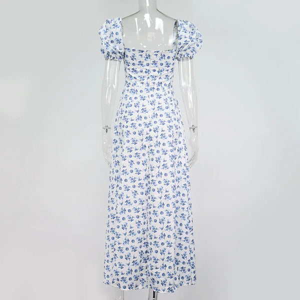 Annabeth Floral Square-Neck Puff-Sleeve Side-Split Maxi Dress