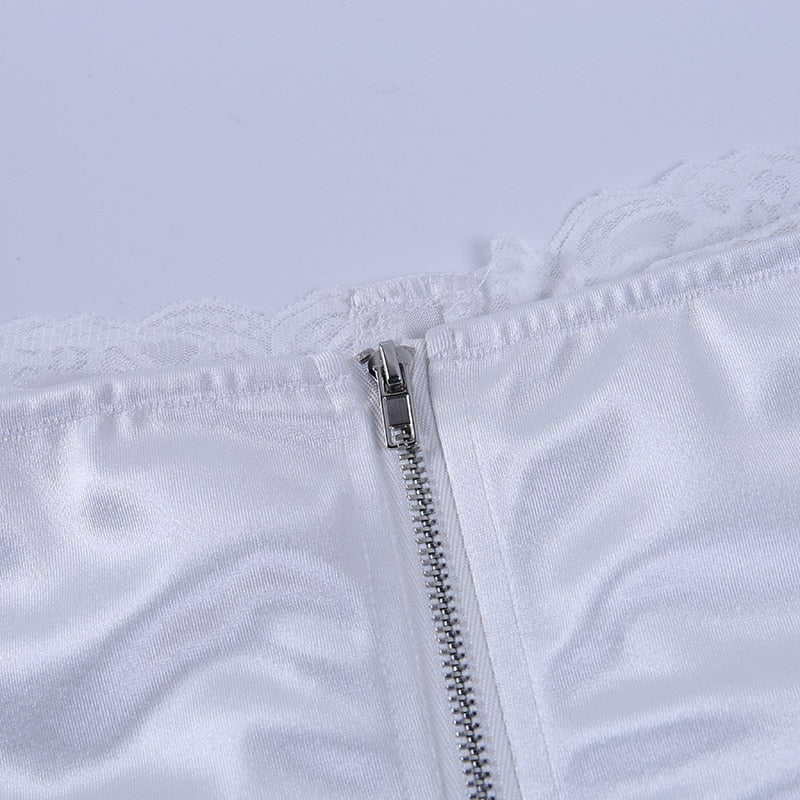 Viifaa Lace Trim White Satin Strapless Sexy Corset Crop Top Women Zipper Back Tight Bustier Clubwear Party Female Slim Tops