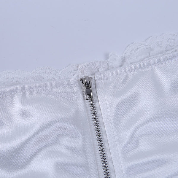 Viifaa Lace Trim White Satin Strapless Sexy Corset Crop Top Women Zipper Back Tight Bustier Clubwear Party Female Slim Tops