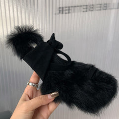Fashion Women Furry Sandals Autumn Winter Ankle Strap Short Plush Slides Female Casual Outside Fur Shoes Ladies Thin Heels Pumps