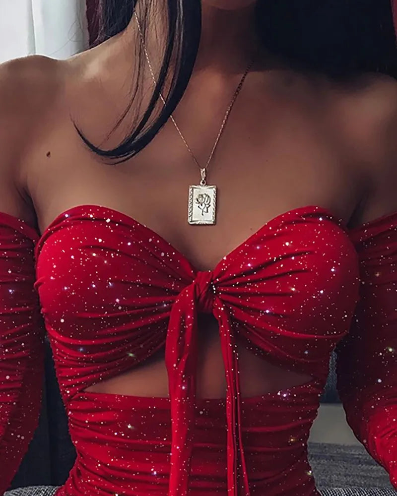 Dorotea Glitter Off-Shoulder Long-Sleeve Tie-Front Cutout Mini Dress