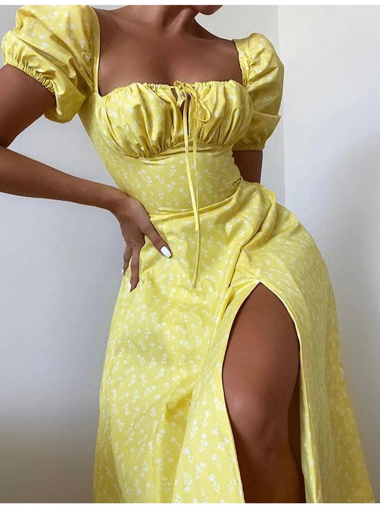 Annabeth Floral Square-Neck Puff-Sleeve Side-Split Maxi Dress
