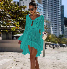 Women Solid Bikini Cover Up Sexy White Crochet Long Sleeve Beach Long Maxi Dress Cover-ups Female Loose Tunic Mesh Beachwear