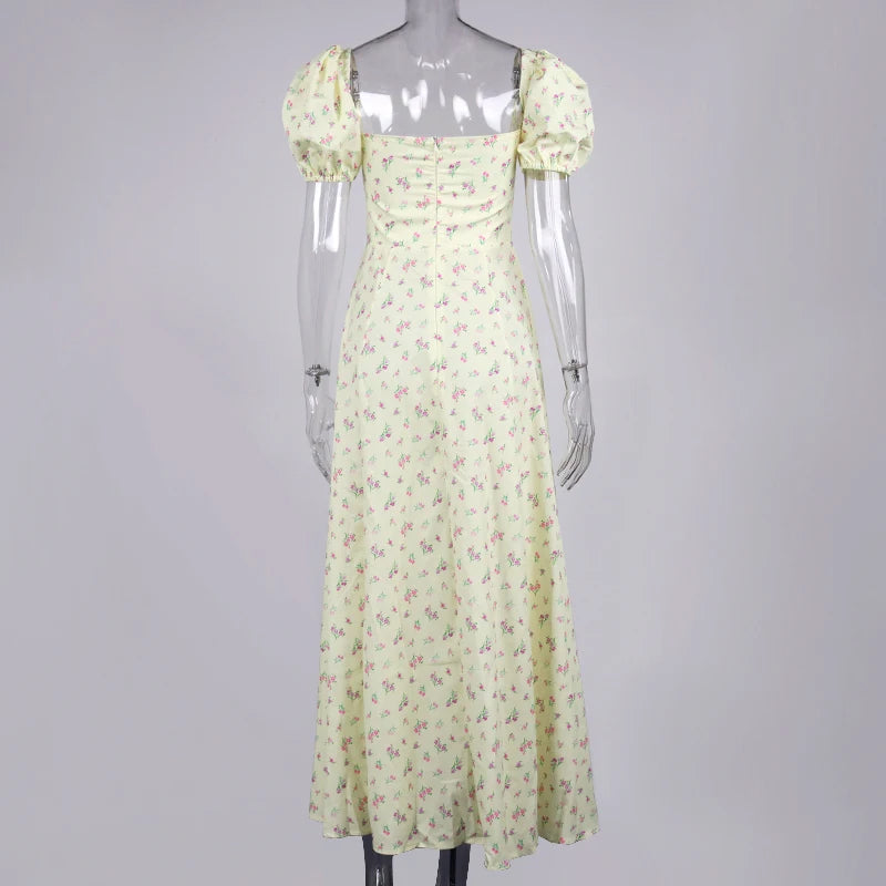Annabeth Floral Square-Neck Puff-Sleeve Side-Split Maxi Dress